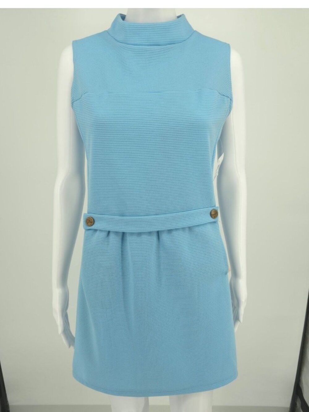 Vintage 1960s Blue Dacron Ribbed Knit Sleeveless Mock Neck Mod Mini Dress (M)